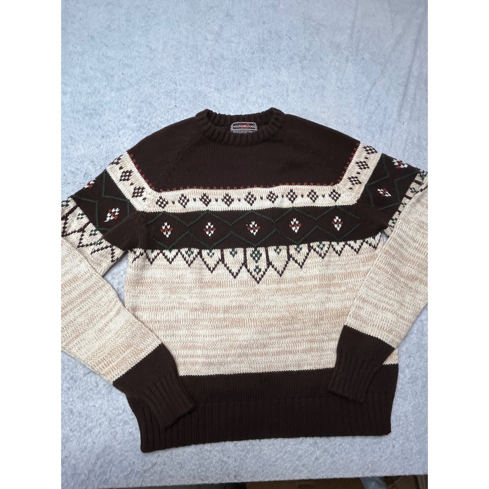 Youngbloods Vintage Mens XL Fair Isle Crewneck Sweater‎ Brown Cream Acrylic Knit